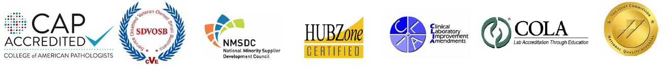 MCI Diagnostic Center Certifications include: College of American Pathologists, Service-Disabled Veteran-Owned Small Business, National Minority Supplier Development Council, HUBZone, Clinical Laboratory Improvement Amendments, COLA Lab Accreditation Program Bureau, and the Joint Commission 
